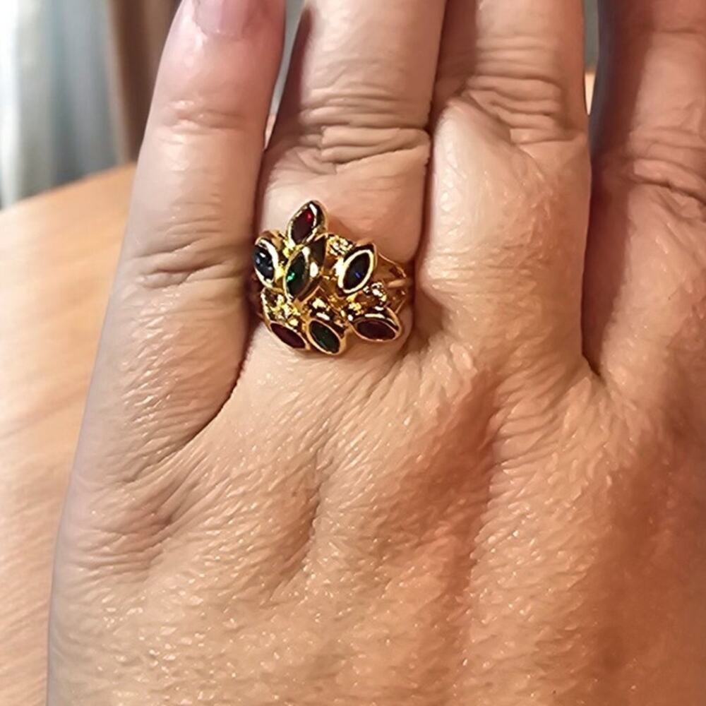 Floral Cluster Crystal Ring Size 10 Gold Tone Jewel Tone Marquise Cocktail Glam